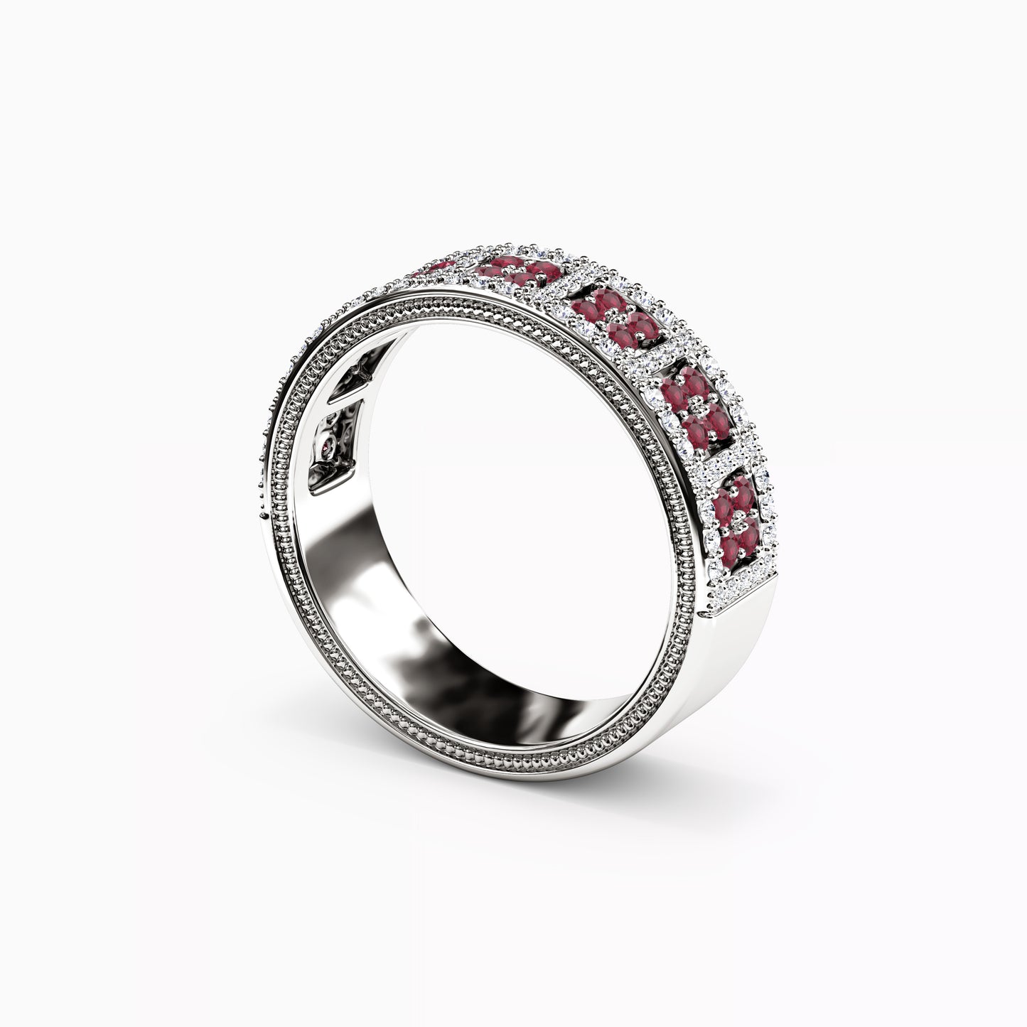 Shared Prong Detailed Edge Ring in 14K Gold With Rubies and Diamonds