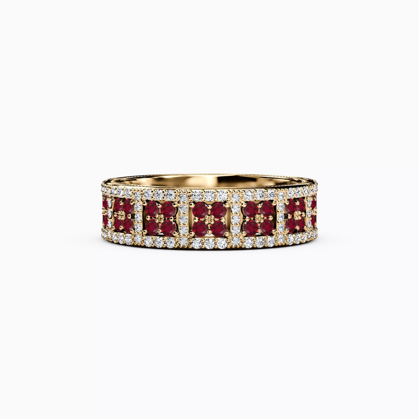 Shared Prong Detailed Edge Ring in 14K Gold With Rubies and Diamonds