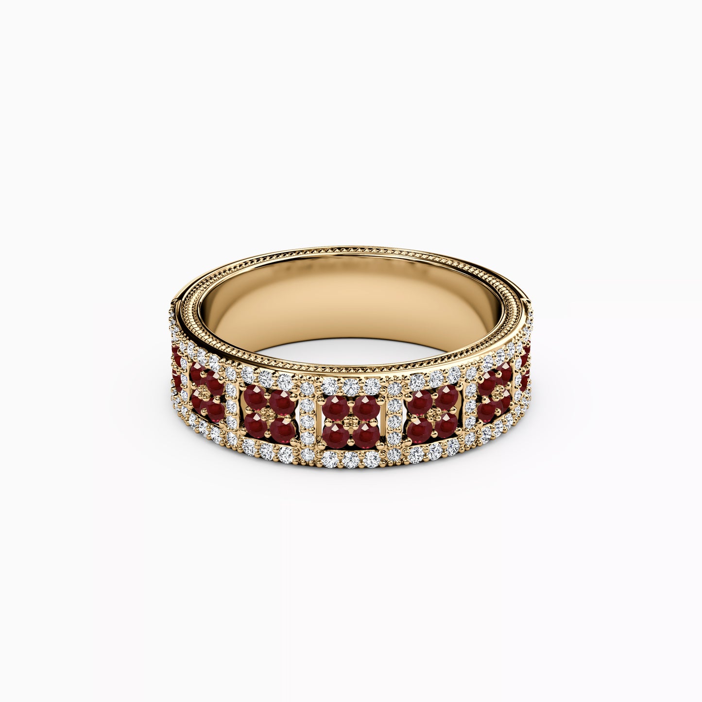 Shared Prong Detailed Edge Ring in 14K Gold With Rubies and Diamonds