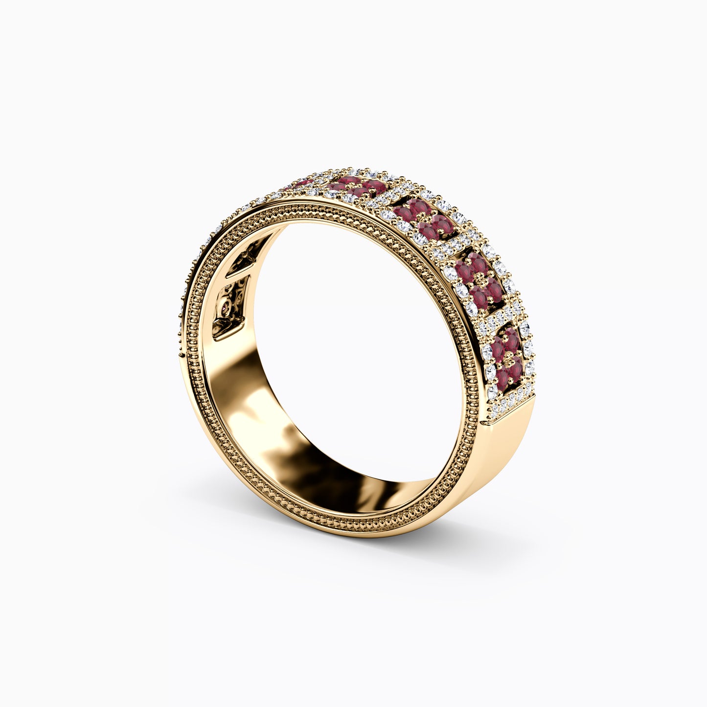 Shared Prong Detailed Edge Ring in 14K Gold With Rubies and Diamonds