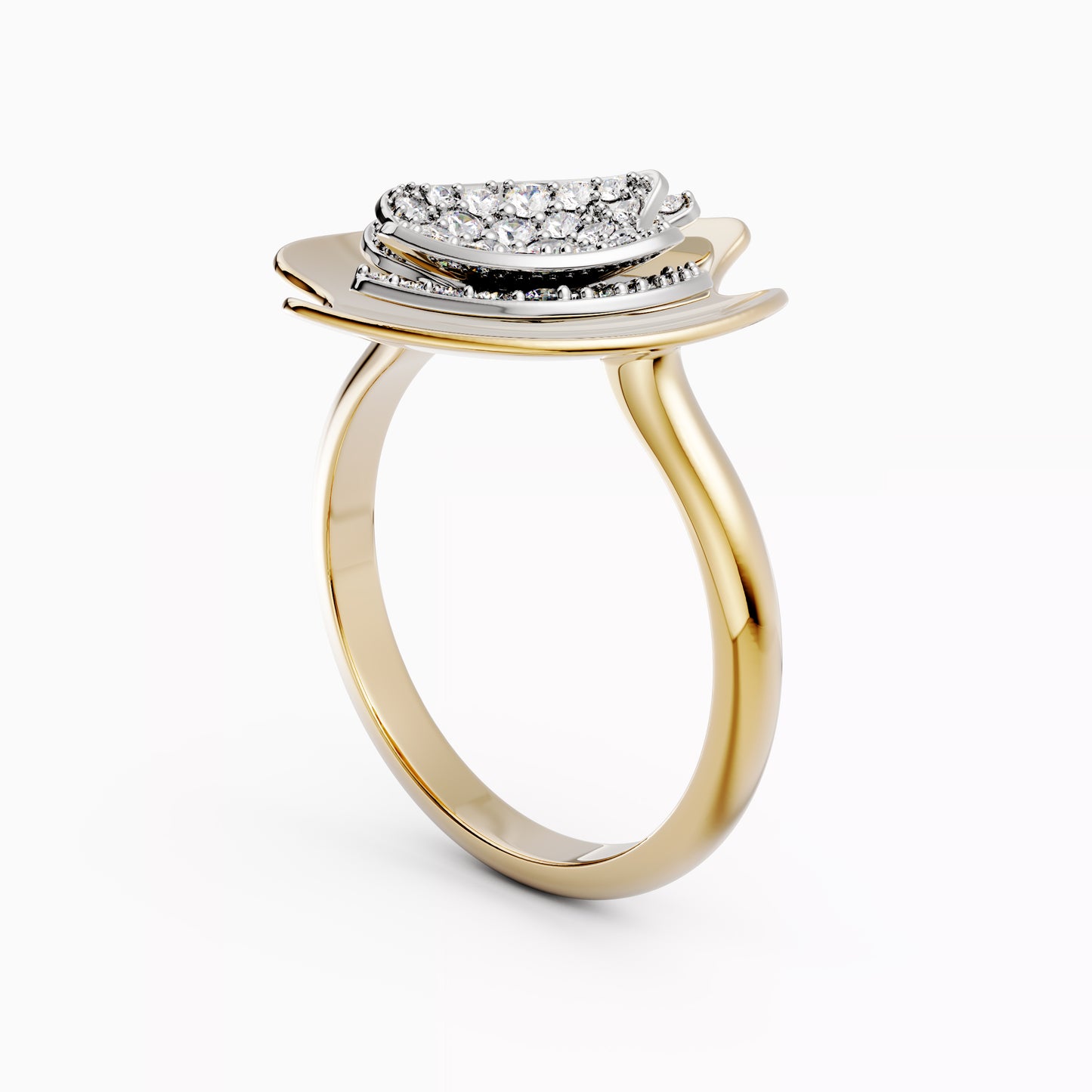 Multi-Layered Signet Ring in 18K Gold and Platinum with Diamond Pavé