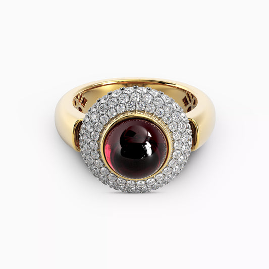 Puffed Diamond Halo Rhodolite Ring in 18 Karat Gold and Platinum