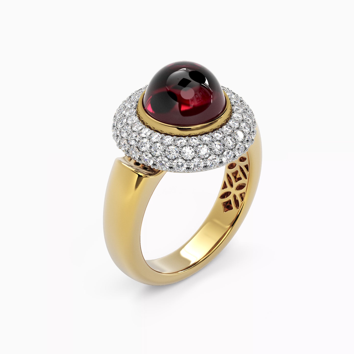 Puffed Diamond Halo Rhodolite Ring | 18K Gold and Platinum