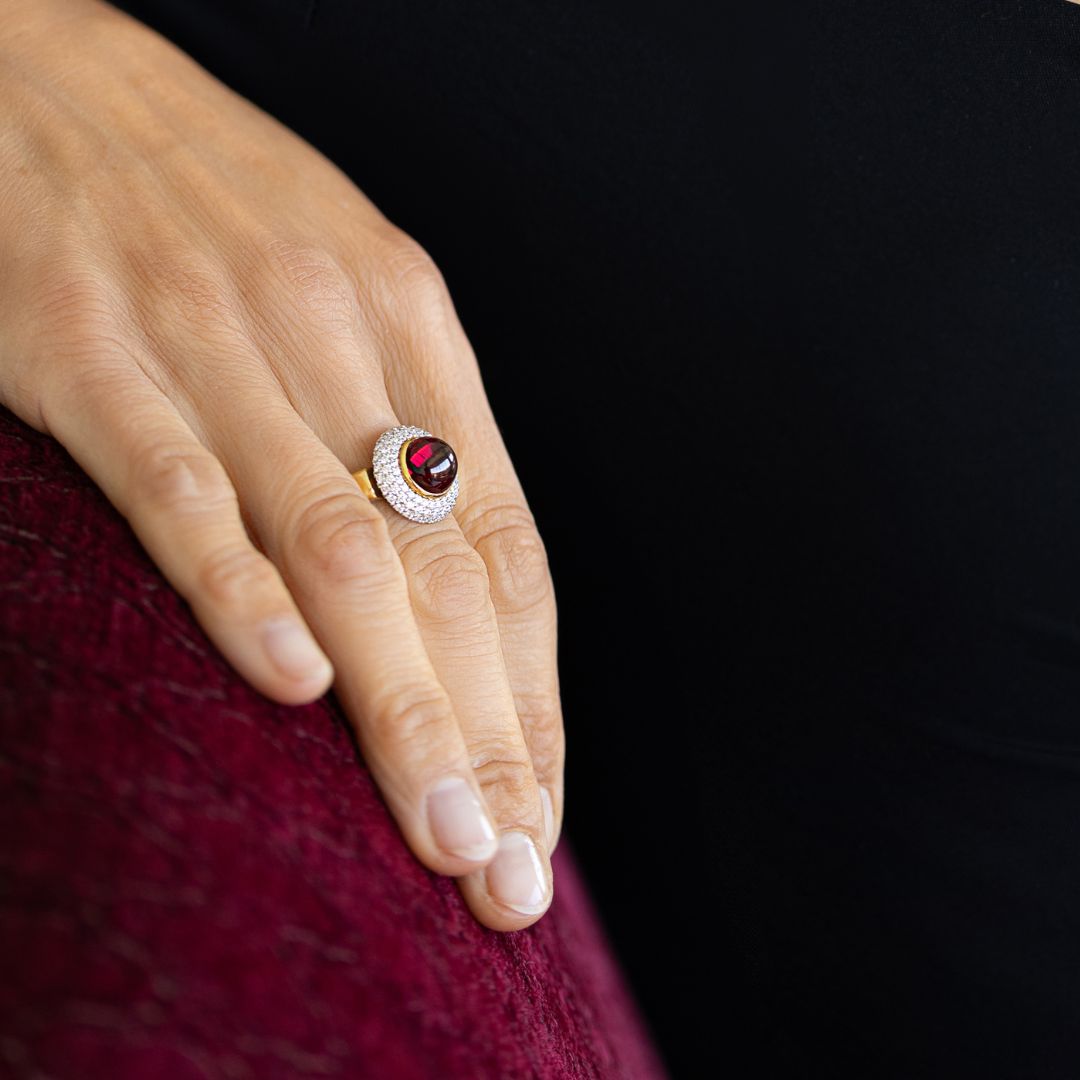 Puffed Diamond Halo Rhodolite Ring | 18K Gold and Platinum