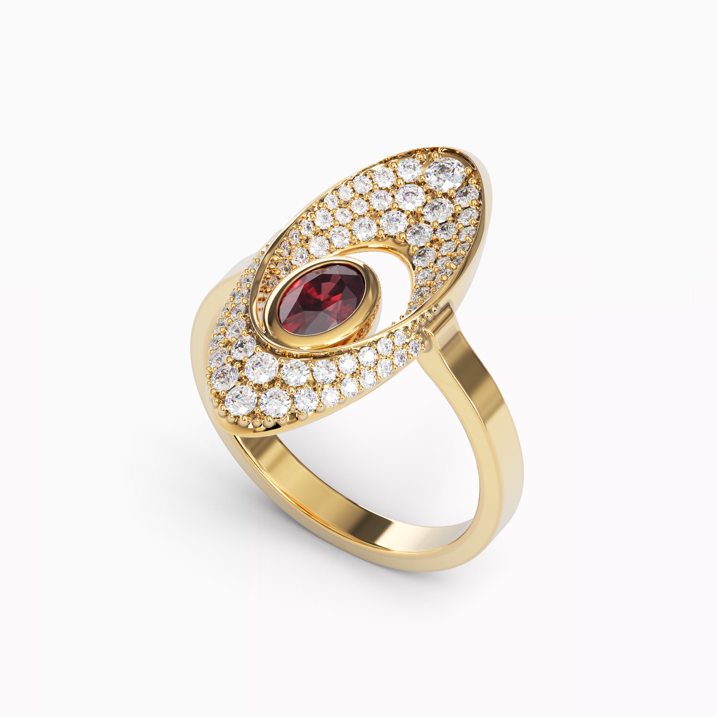 Swiss timepiece inspired diamond and ruby gold ring