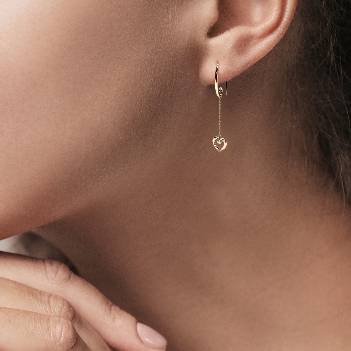 Diamond Heart Drop Earrings in 14K Gold