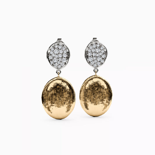 Diamond Cluster and Bean Drop Two-Tone Stud Earrings in 14K Gold