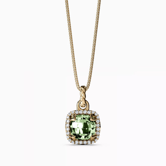 Diamond and Prasiolite Cushion Halo Pendant in 14K Gold