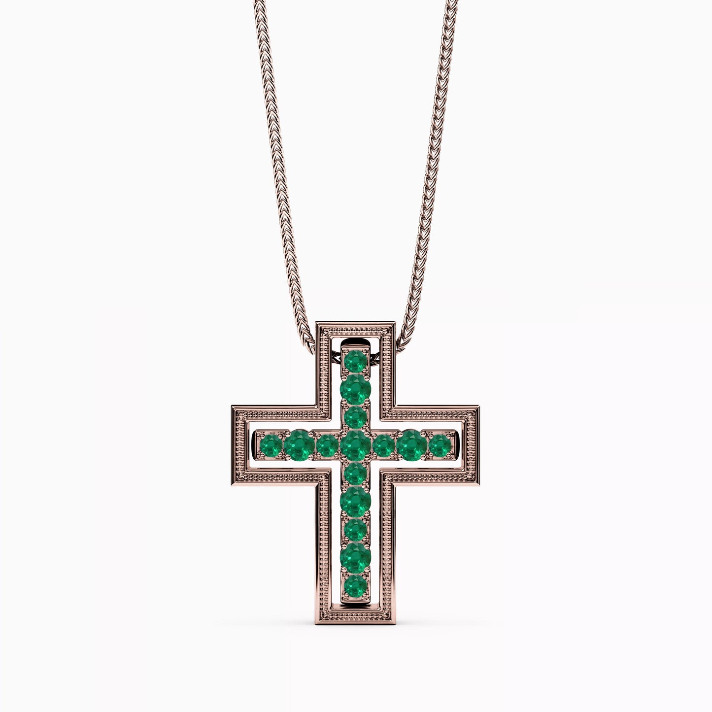 Shared Prong Detachable Two-Piece Cross Pendant in 14K Gold With Emeralds