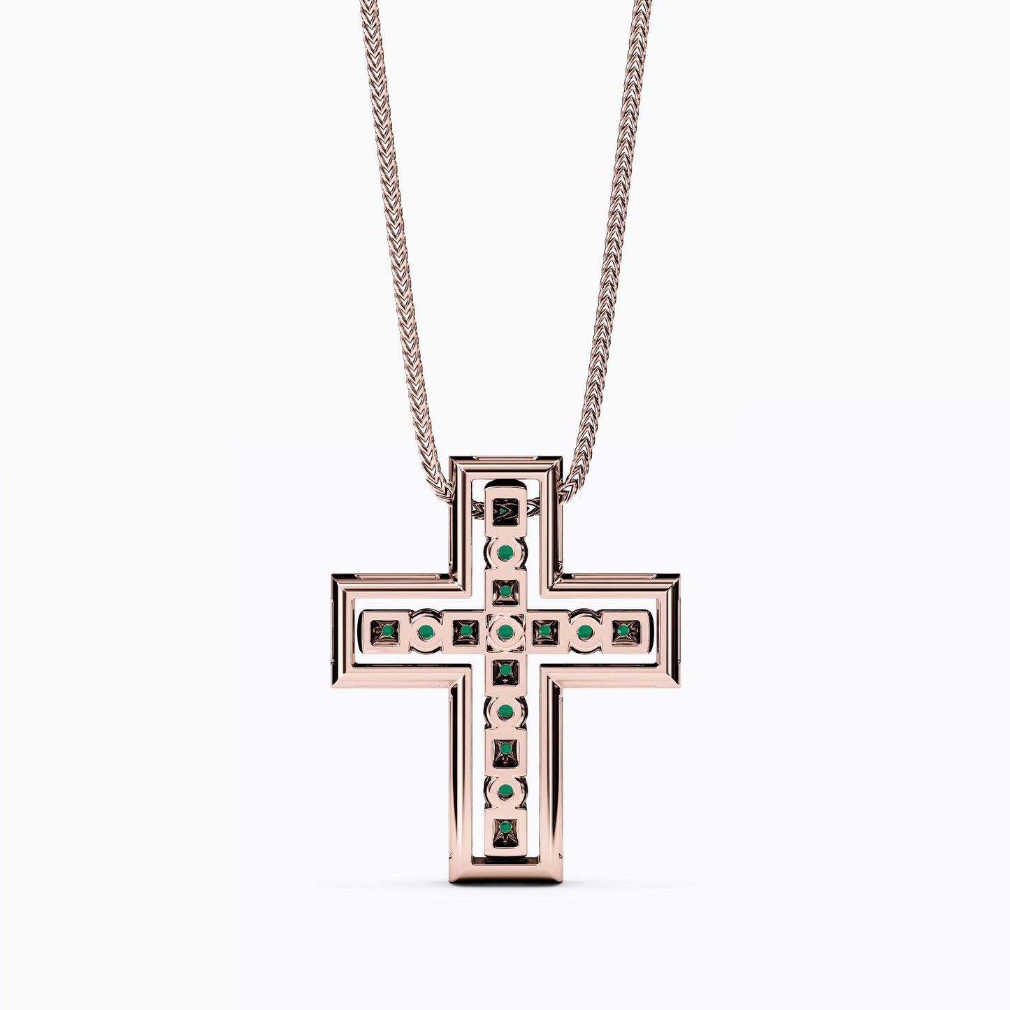 Shared Prong Detachable Two-Piece Cross Pendant in 14K Gold With Emeralds