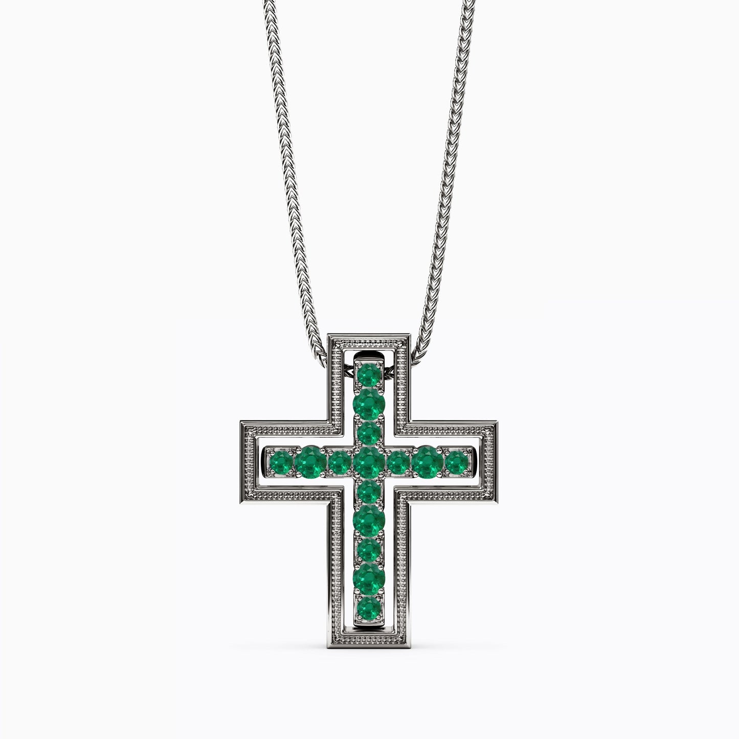 Shared Prong Detachable Two-Piece Cross Pendant in 14K Gold With Emeralds