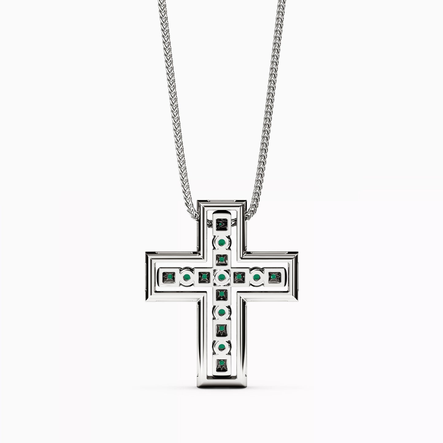 Shared Prong Detachable Two-Piece Cross Pendant in 14K Gold With Emeralds