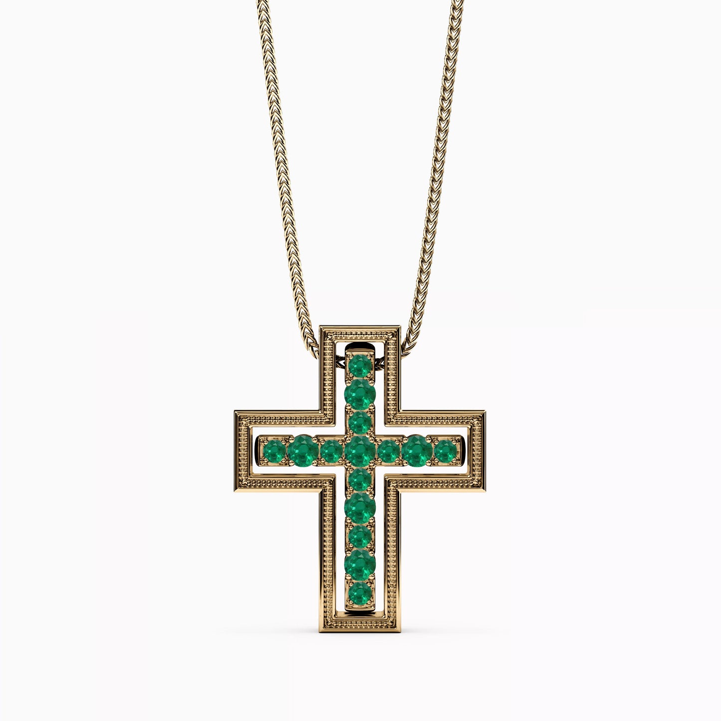 Shared Prong Detachable Two-Piece Cross Pendant in 14K Gold With Emeralds