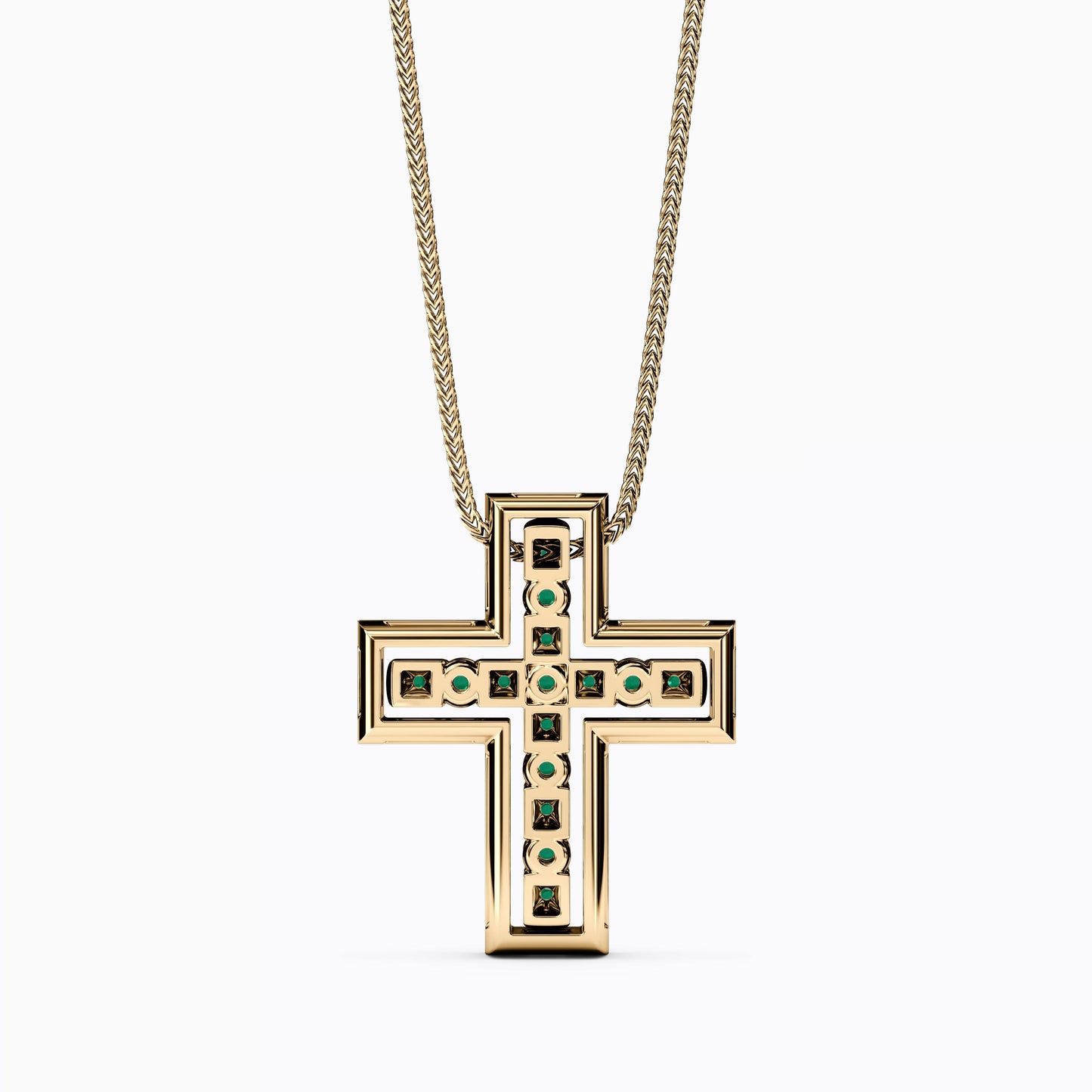 Shared Prong Detachable Two-Piece Cross Pendant in 14K Gold With Emeralds