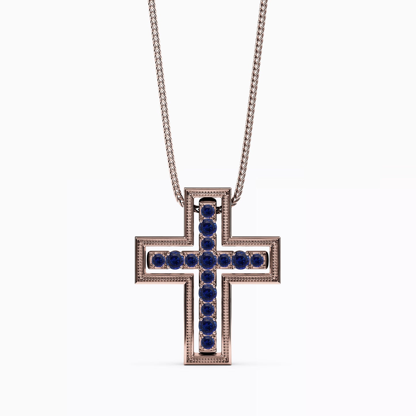 Shared Prong Detachable Two-Piece Cross Pendant in 14K Gold With Sapphires