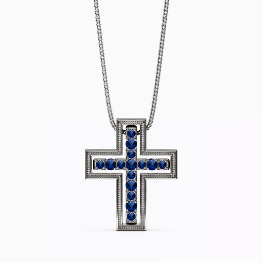Shared Prong Detachable Two-Piece Cross Pendant in 14K Gold With Sapphires