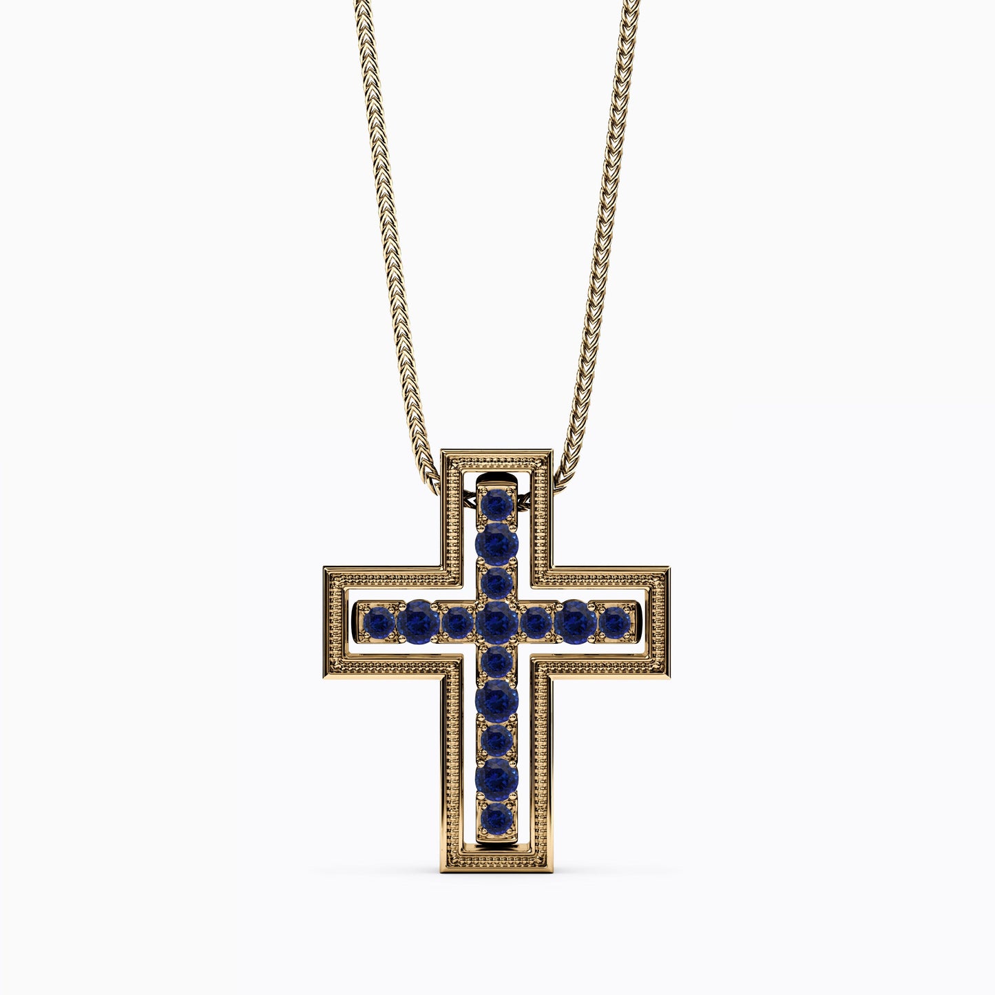 Shared Prong Detachable Two-Piece Cross Pendant in 14K Gold With Sapphires