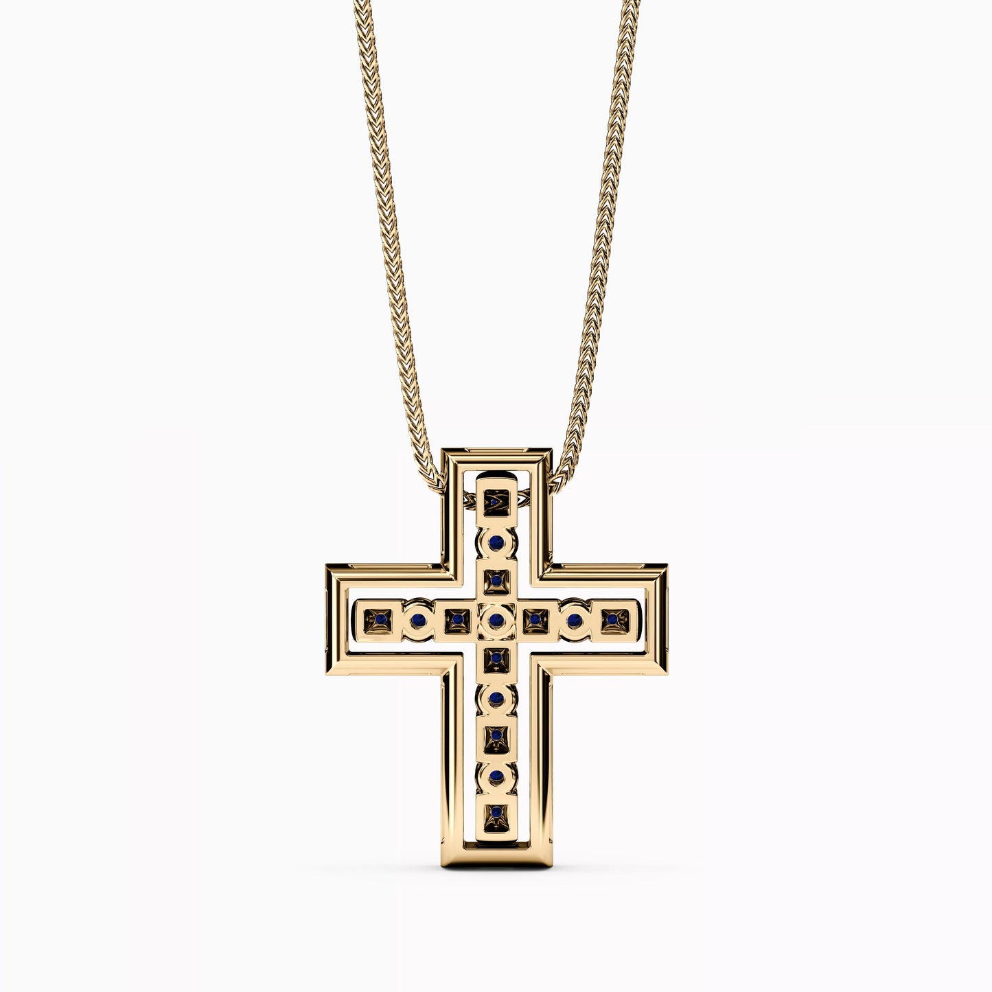 Shared Prong Detachable Two-Piece Cross Pendant in 14K Gold With Sapphires