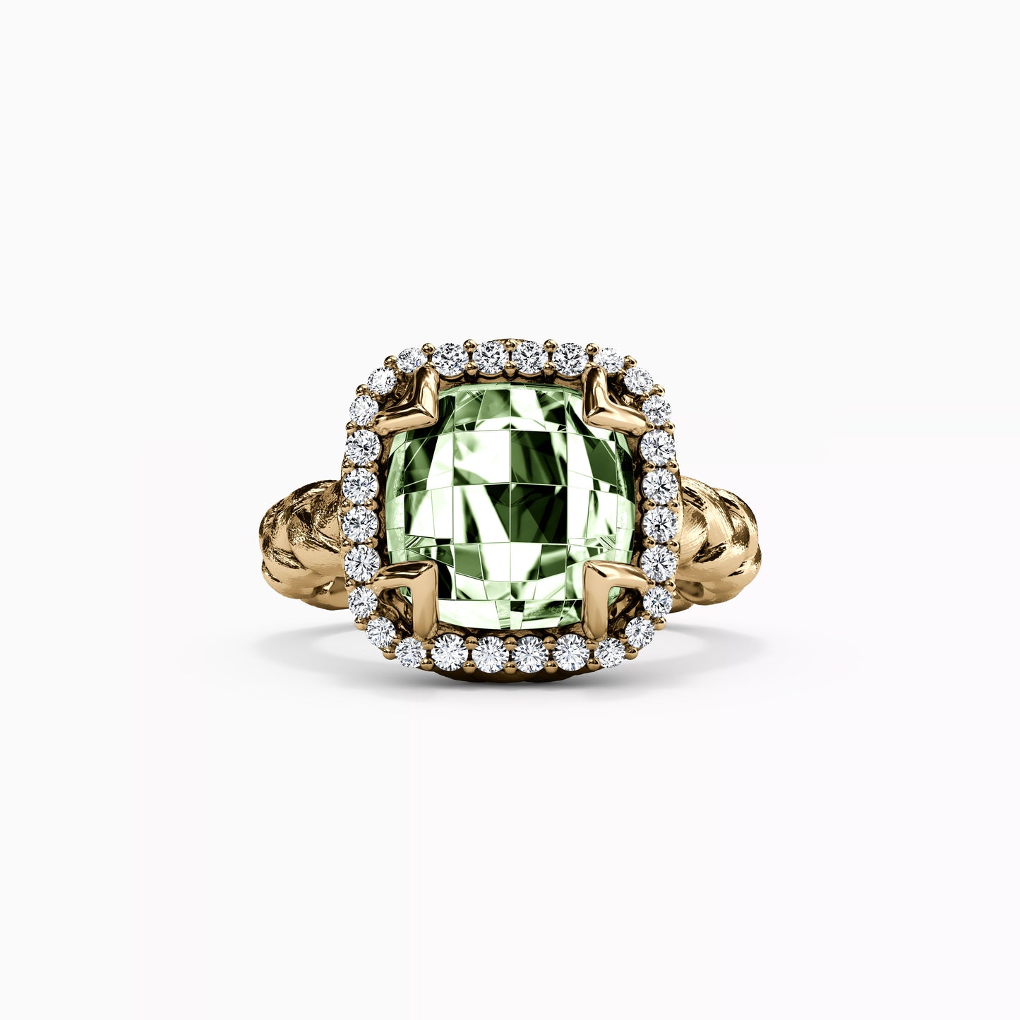 Diamond Halo and Prasiolite Ring in 14K Gold
