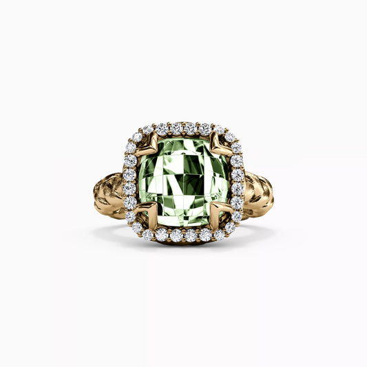 Diamond Halo and Prasiolite Ring in 14K Gold