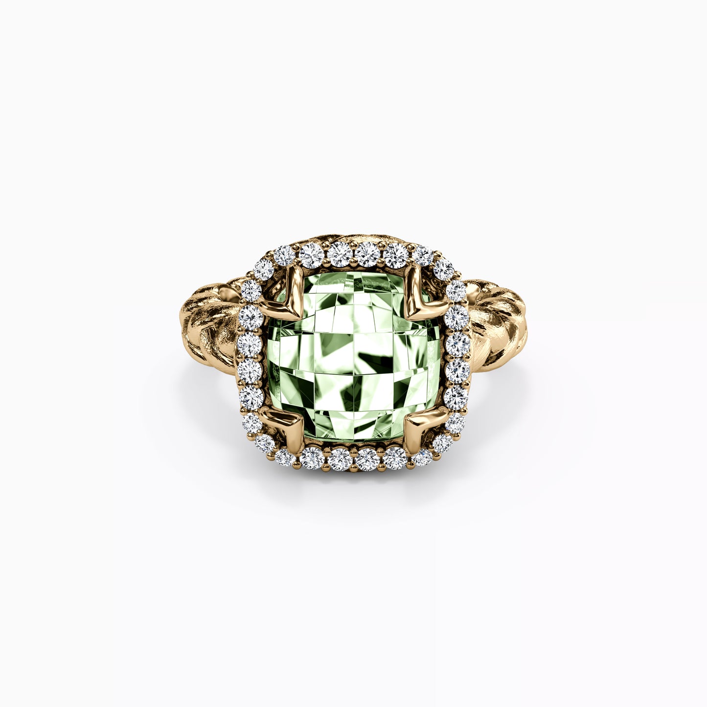 Diamond Halo and Prasiolite Ring in 14K Gold