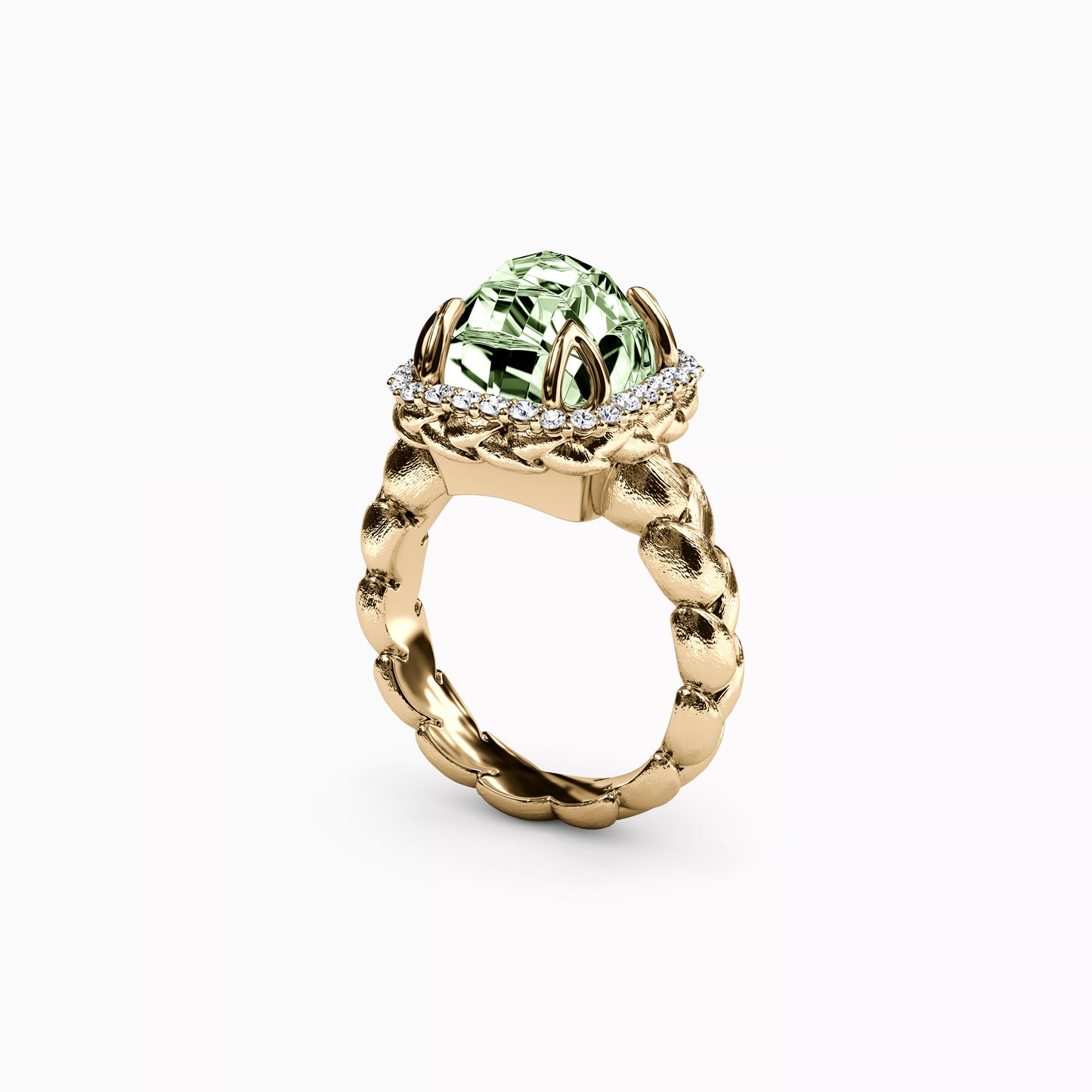 Diamond Halo and Prasiolite Ring in 14K Gold