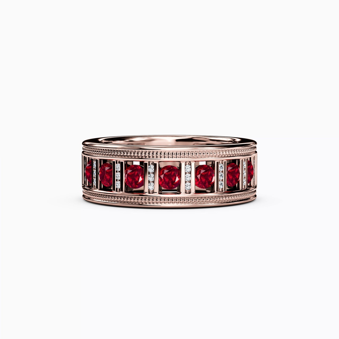 Channel Set Detailed Edge Ring in 14K Gold With Rubies And Diamonds