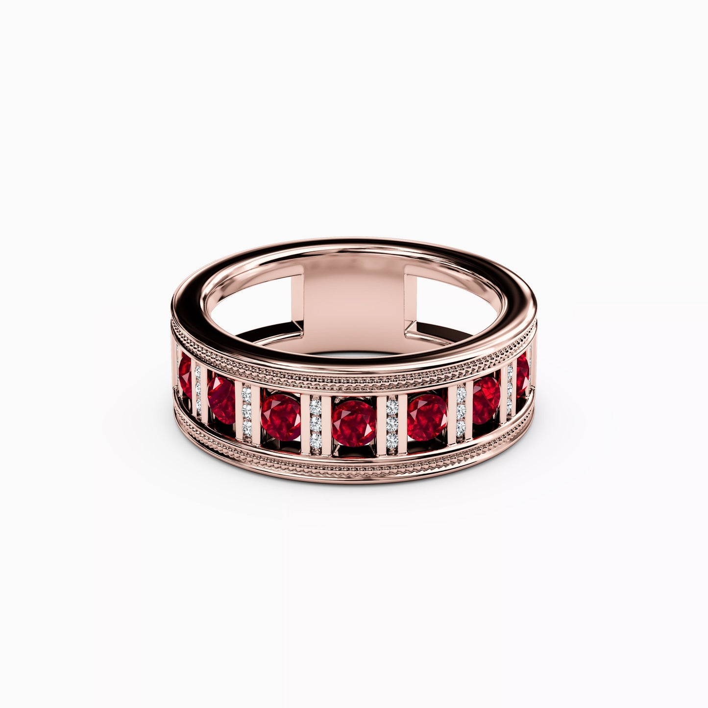 Channel Set Detailed Edge Ring in 14K Gold With Rubies And Diamonds