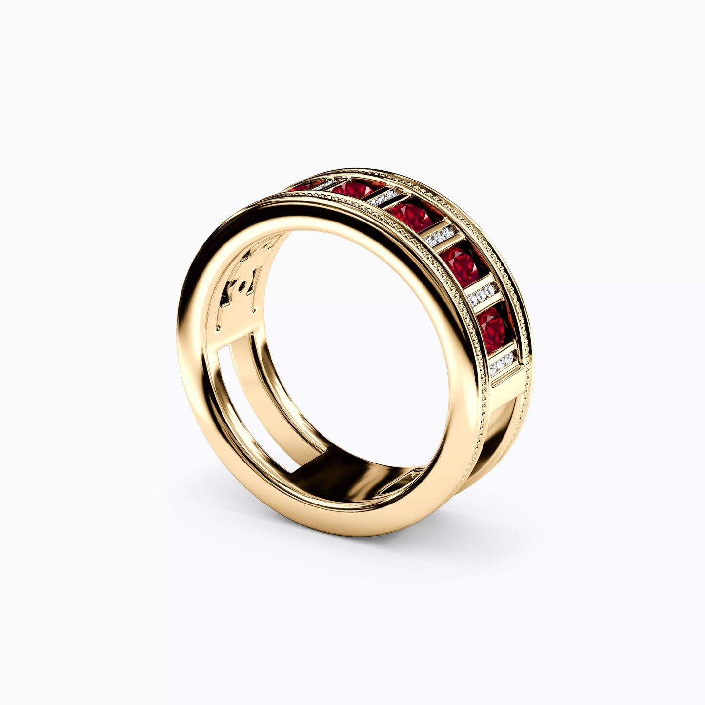 Channel Set Detailed Edge Ring in 14K Gold With Rubies And Diamonds