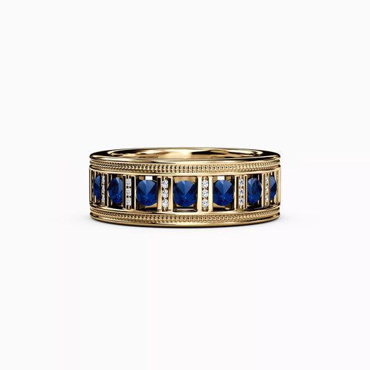 Channel Set Detailed Edge Ring in 14K Gold With Sapphires And Diamonds